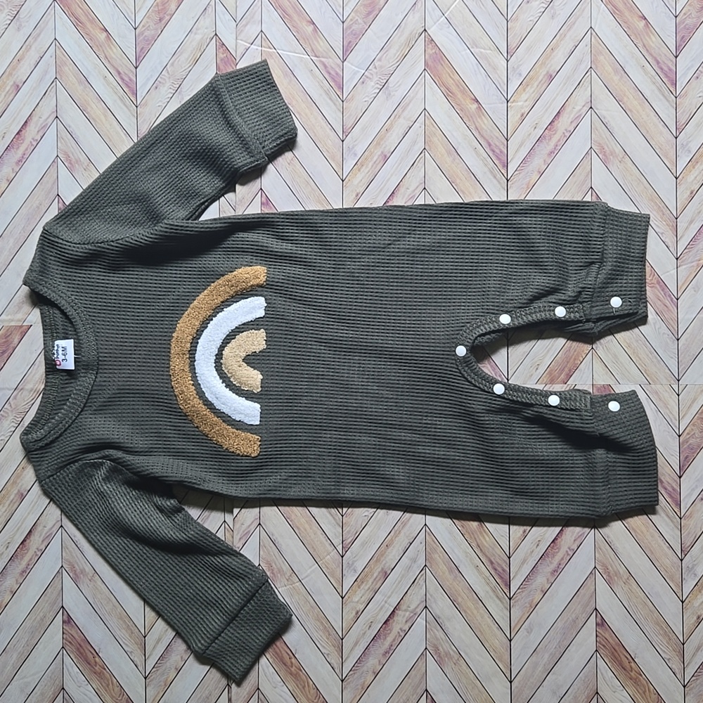 Boho Baby Boy Girl Waffle Knit One Piece Olive Green Long Sleeve Jumpsuit 3-6M